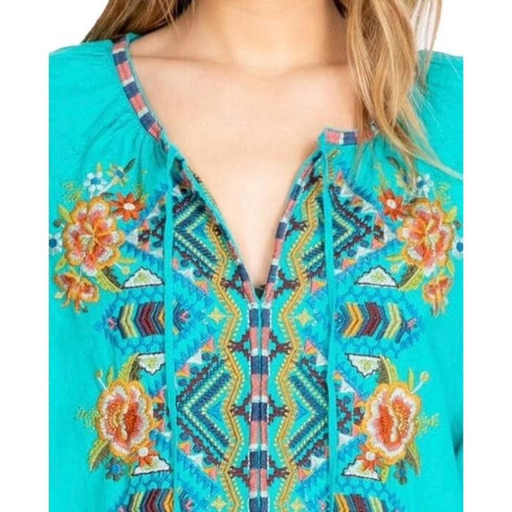 Johnny Was Linen Sentrie Peasant Blouse Floral Embroidered Blue 3/4 Sleeve XXL - Picture 7 of 16
